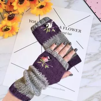 1 пара перчаток осень-зима без пальцев с вышивкой в виде птиц, высокоэластичные, нескользящие, нарукавники с цветными блоками, сохраняющие тепло, ветрозащитные, для велоспорта красный