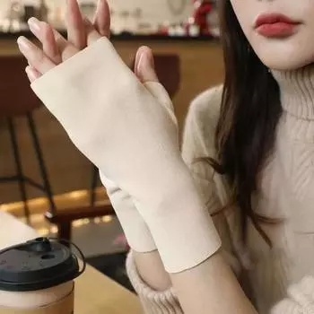 1 пара перчаток осень-зима без пальцев трикотажные высокоэластичные сенсорные нескользящие нарукавники нарукавники сохраняющие тепло ветрозащитные велосипедные наручи бежевый