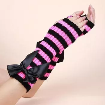 1 пара перчаток осень-зима без пальцев с полосатым принтом и вязаным бантом, высокая эластичность, нескользящие рукава, сохраняют тепло, защищают от ветра, позволяют писать и печатать белый