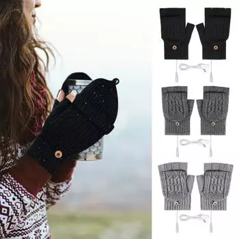 1 пара перчаток с подогревом, зарядка через USB, двусторонний подогрев, регулируемая температура, толстые трикотажные перчатки без пальцев, высокоэластичные, для офисного набора текста и письма чёрный