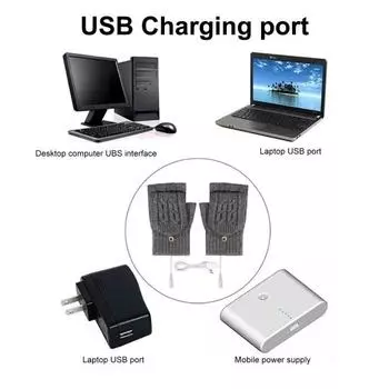 1 пара перчаток с подогревом, зарядка через USB, двусторонний подогрев, регулируемая температура, толстые трикотажные перчатки без пальцев, высокая эластичность, офисные, для набора текста, для студентов чёрный