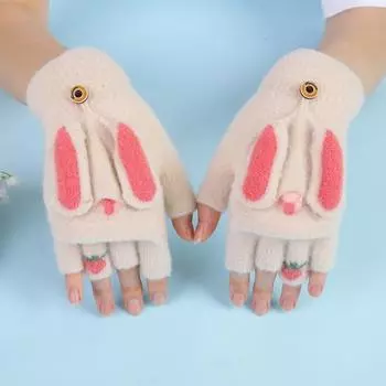 1 пара перчаток с рисунком кролика, вязаная мягкая шапка с пальцами, чехол для сенсорного экрана, соответствующий цвету, утолщенные, морозостойкие, вязаные, противоскользящие, велосипедные варежки