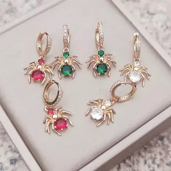 1 пара сережек-подвесок в виде зеленых/красных/белых пауков для женщин, ювелирные изделия из кубического циркония, повседневные аксессуары зелёный
