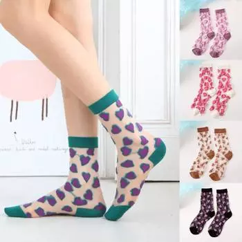 1 пара перспективных прозрачных женских носков, эластичные противоскользящие стеклянные шелковые носки средней длины с сердечками, аксессуары для обуви синий/фиолетовый