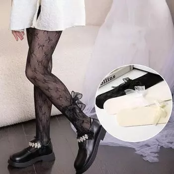 1 пара плотных колготок для девочек, милые колготки принцессы с кружевом и бантом для детей, тонкие мягкие дышащие ажурные чулки, детские носки L(9-18Year) белый