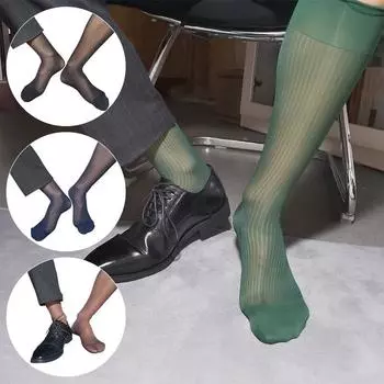 1 пара полиамидных шелковых носков, тонкие полосатые носки для клуба, прозрачные носки для делового костюма, длинные носки для мужчин чёрный