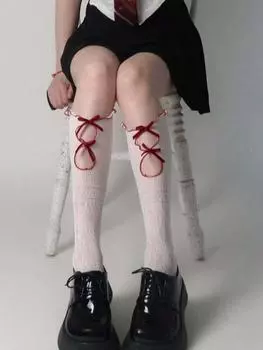 1 пара полых кружевных женских длинных чулок, модные универсальные завязанные белые удобные дышащие повседневные носки в стиле Лолиты One Size