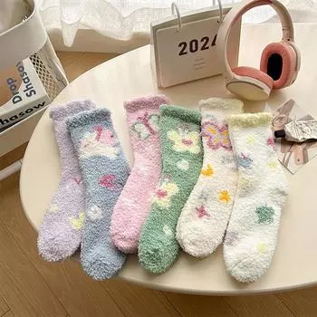 1 пара прекрасных женских носков Kawaii, утолщенные кашемировые носки средней длины, мягкие теплые носки для девочек, верхняя одежда, носки для пола синий