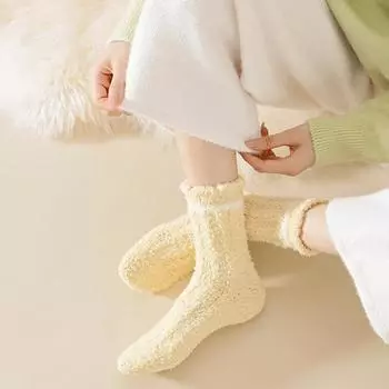 1 пара прекрасных женских носков Kawaii, утолщенные кашемировые носки средней длины, мягкие теплые носки для девочек, верхняя одежда, носки для пола жёлтый