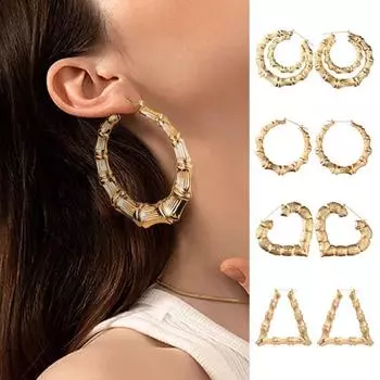 1 пара преувеличенных обручей, полированный бамбуковый шарнир, сплав, гальваническое украшение для ушей, ювелирные изделия A