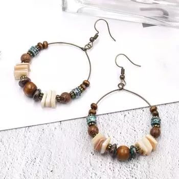 1 пара преувеличенных ретро-серьг в форме ракушки, деревянные бусины, круглые серьги в стиле бохо, ювелирные изделия