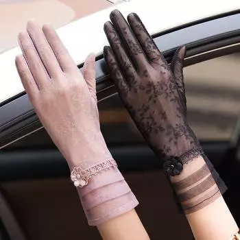 1 пара приятных для кожи дышащих перчаток из ледяного шелка с защитой от солнца, кружевных УФ-защиты и цветочным узором розовый
