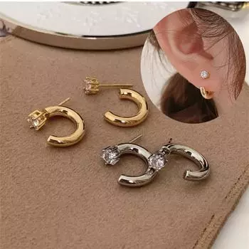 1 пара простых и компактных серег-колец из металла и циркония 2023 года, новые модные серьги в стиле минимализма и темперамента