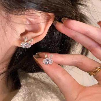 1 пара простых модных блестящих серег-гвоздиков с кристаллами и цирконами в форме кроличьих ушей с бриллиантами 2cm