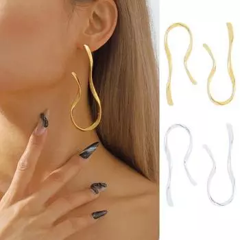 1 пара простых преувеличенных асимметричных металлических серег-гвоздиков, винтажные изогнутые серьги-капли, модные ювелирные аксессуары, подарок серебряный