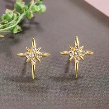 1 пара простых серег-гвоздиков с восьмиконечной звездой и цирконием, изысканные маленькие серьги 1Pair
