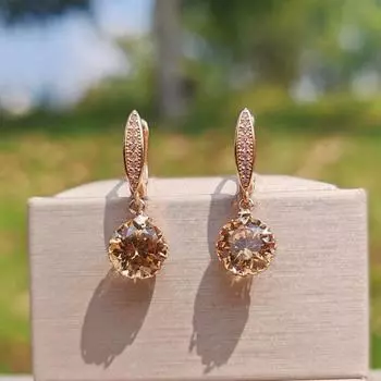 1 пара простых сережек-подвесок цвета шампанского круглой формы для женщин, ювелирные изделия из кубического циркония, аксессуары для рождественской вечеринки золотой