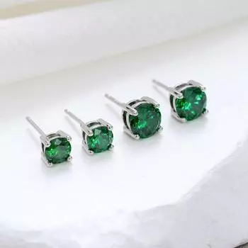 1 пара простых зеленых круглых сережек-гвоздиков из серебра 925 пробы с цирконием для женщин зелёный