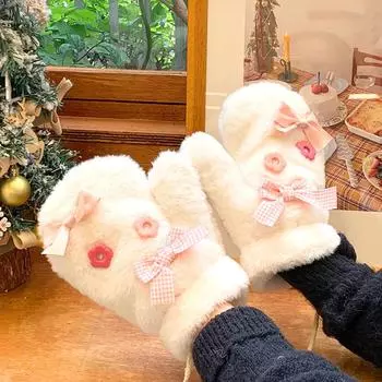 1 пара пушистых утолщенных ветрозащитных плюшевых перчаток с бантом и морозостойким цветком, милые милые перчатки