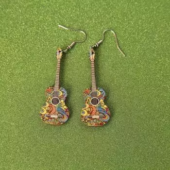1 пара ярких деревянных висячих сережек в виде гитары — уникальный стиль в стиле хип-хоп, вдохновленный мультфильмами, модные украшения для музыкальных фестивалей для женщин — красочные, модные 1pair разноцветный