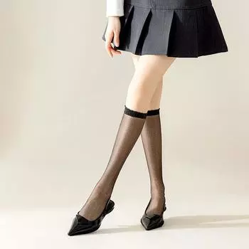 1 пара ярких шелковых женских эластичных дышащих тонких полупрозрачных гольфов, длинные гольфы серебряный/чёрный