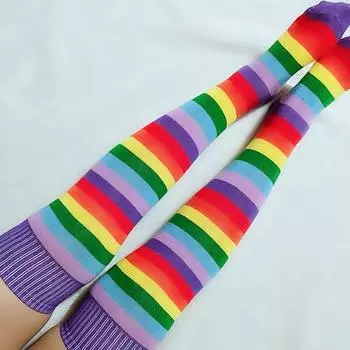 1 пара радужных полосатых носков выше колена, цветные длинные чулки-трубы One size