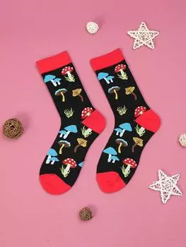 1 пара разноцветных носков до середины икры с грибным узором на черном фоне, дышащие, мужские и женские, подходят для всех сезонов One Size
