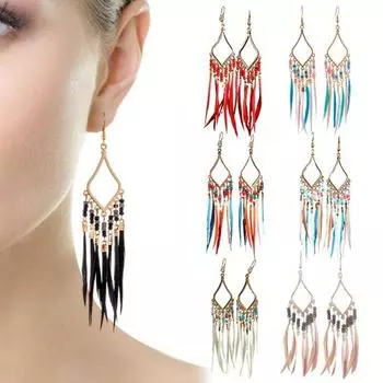 1 пара ретро-бусин, женские серьги-крючки с перьями, богемные серьги-капли с кисточками и геометрическим рисунком, дворцовый стиль A