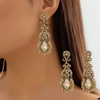 1 пара ретро-инкрустированных блестящими стразами серег-капель, сверкающая люстра, свадебные длинные висячие серьги, ювелирное изделие, подарок золотистый