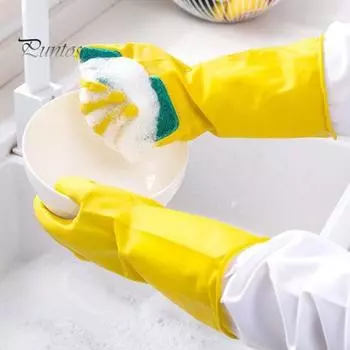1 пара резиновых перчаток для мытья посуды, латексный материал, губка для мытья посуды, нескользящие длинные перчатки для кухни и ванной комнаты жёлтый