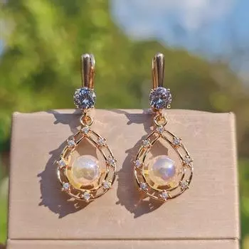 1 пара роскошных полых искусственных жемчуга в форме капли серьги для женщин кубический цирконий ювелирные изделия свадебные аксессуары для вечеринки золотой