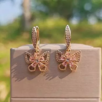 1 пара роскошных розовых цветочных висячих сережек-бабочек для женщин, ювелирные изделия из кубического циркония, аксессуары для повседневной свадебной вечеринки золотой
