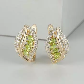 1 пара роскошных серег-клипс на крючках цвета желтого золота огранки «маркиз» оливково-зеленого цвета с камнем, висячие серьги в стиле полых листьев, свадебные серьги оливковое зеленый