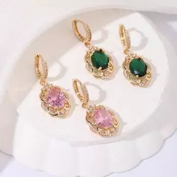 1 пара роскошных висячих серег с зелеными/розовыми цветами для женщин, ювелирные изделия с кубическим цирконием, аксессуары для свадебной вечеринки розовый