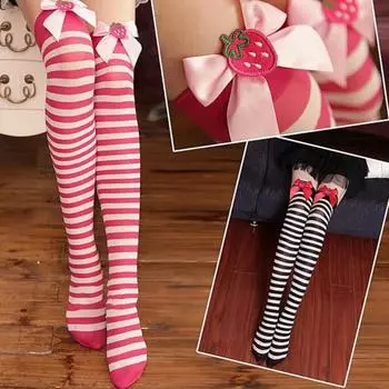 1 пара рождественских чулок в полоску с цветными блоками в стиле ретро с ярким цветным бантом, нескользящие, обтягивающие, для выступлений белый/зелёный