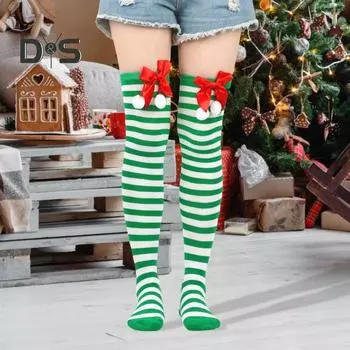 1 пара рождественских чулок в полоску с цветными блоками в стиле ретро, яркий цветной бант, нескользящие, обтягивающие, для выступлений, косплей, мини-платье, юбка, длинные носки красный
