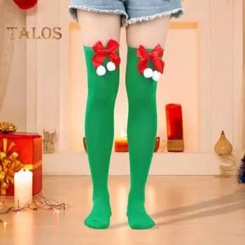 1 пара рождественских чулок в полоску с цветными блоками в стиле ретро, яркий цветной бант, нескользящие, обтягивающие, для выступлений, косплей, мини-платье, юбка, длинные носки красный