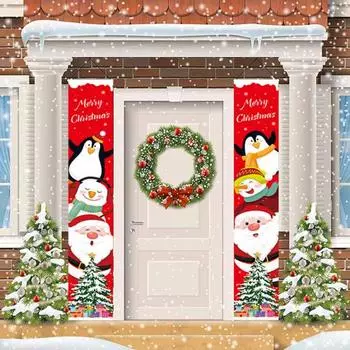 1 пара рождественских куплетов Санта-Снеговик с принтом пингвина многоразовые прямоугольные праздничные украшения Xmas крыльцо вывеска висит баннер фон праздничные атрибуты красный
