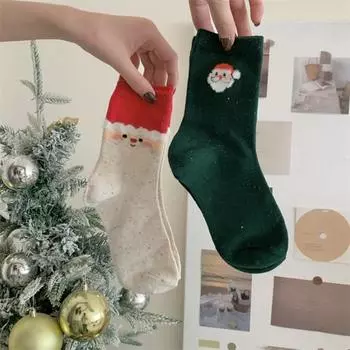 1 пара рождественских носков с принтом лося и снеговика средней длины, хорошая эластичность, противоскользящие, толстые, теплые, мягкие, без запаха, вязаные женские новогодние зимние носки