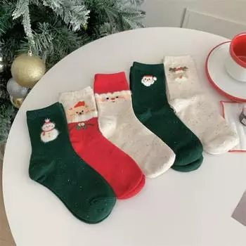 1 пара рождественских носков с принтом лося и снеговика средней длины, хорошая эластичность, противоскользящие, толстые, теплые, мягкие, без запаха, вязаные женские новогодние зимние носки зелёный