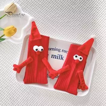 1 пара рождественских парных носков в форме мультфильма с магнитным ручным креплением, праздничные, средней длины, толстые, теплые, нескользящие, для праздничной вечеринки красный