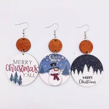 1 пара рождественских сережек в винтажном стиле, деревянные серьги с лесным галстуком, серьги с геометрическим узором, серьги «Рождественская елка», «Снежный снеговик», серьги