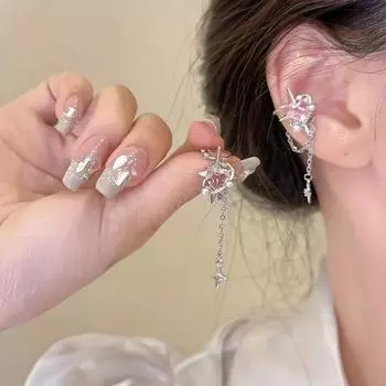 1 пара розовых сверкающих циркониевых звездочек-кисточек, блестящие серьги-каффы в форме сердца для женщин и девушек, модные простые украшения для вечеринок