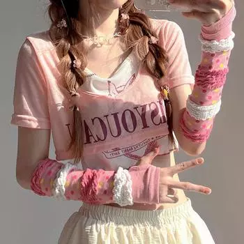 1 пара рукавов-пузырей, модные ветрозащитные нарукавники в стиле Лолиты, милые пуховые перчатки без пальцев, розовые вязаные варежки Dopamine