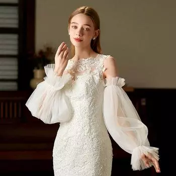 1 пара съемных рукавов, однотонные эластичные манжеты, свадебный декор, тюль, дышащие рукава-фонарики, перчатки для невесты, перчатки-фонарики