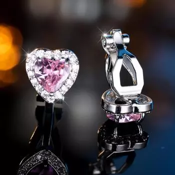 1 пара серебристого цвета, серьги-клипсы с розовым камнем в форме сердца, клипсы для ушей, свадебные украшения, подарки розовый
