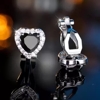 1 пара серебристого цвета в форме сердца с черным камнем, серьги-клипсы, зажимы для ушей, свадебные украшения, подарки чёрный
