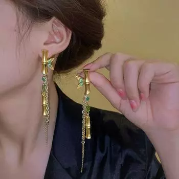 1 пара серебряных игольчатых сережек середины древнего золота с бамбуковыми кристаллами и кисточками YSX золотой