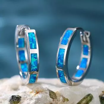 1 пара серебряных серег-колец из стерлингового серебра S925 в богемном стиле с голубым опалом для женщин, классические свадебные серьги-кольца, изысканные украшения синий