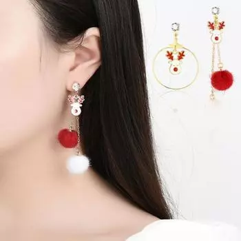 1 пара серег-гвоздиков, асимметричные блестящие стразы, красный, белый помпон, большое кольцо, милый подарок золотистый